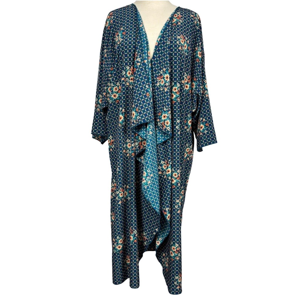 LuLaRoe Shirley Kimono Teal Floral Geometric Open Front Boho Duster Womens L